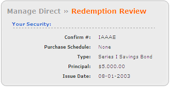 Screen segment for Redemption Review with sample security information.